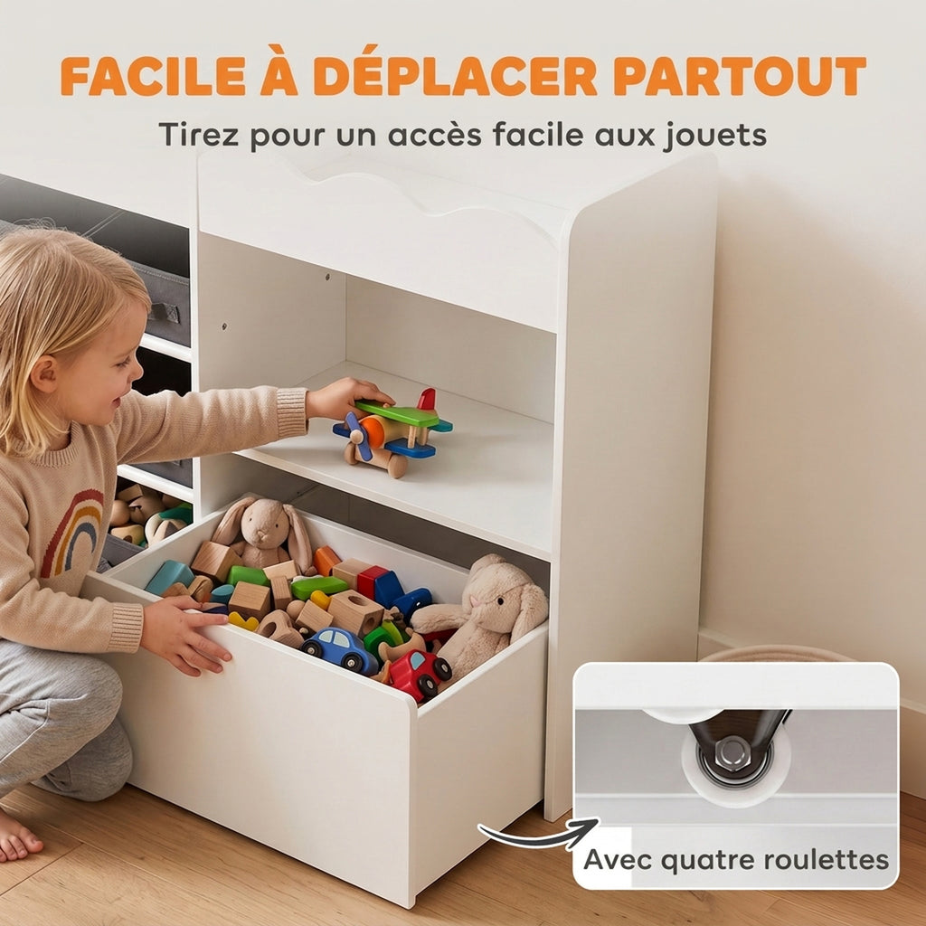 Meuble de rangement jouets enfant avec bibliothèque, 8 bacs en tissu, 2 tiroirs à roulettes et étagères ouvertes, blanc-5