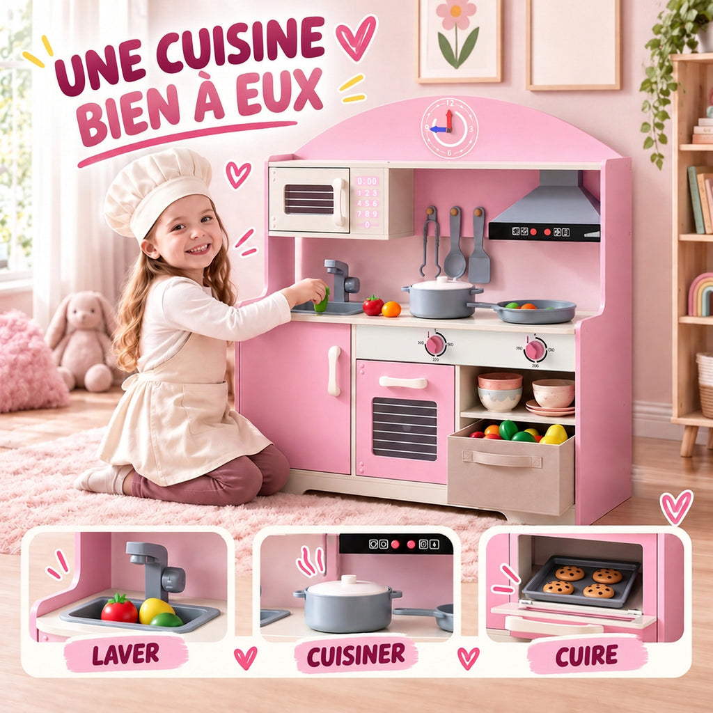 Cuisine Enfant avec Lumières et Sons, Cuisine de Jeu avec Tiroir en Tissu et 5 Accessoires, pour Enfants 3-6 Ans, Rose-3