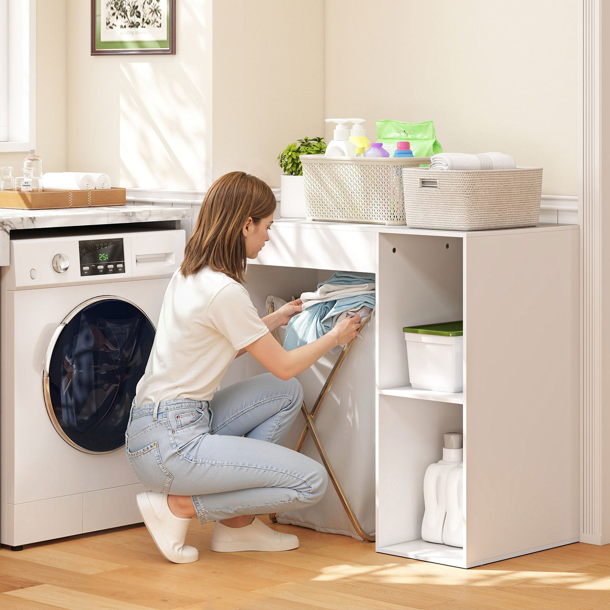 Meuble machine à laver, armoire machine a laver et sèche-linge avec 2 compartiments ouverts, 96 x 60 x 90,5 cm, blanc-6