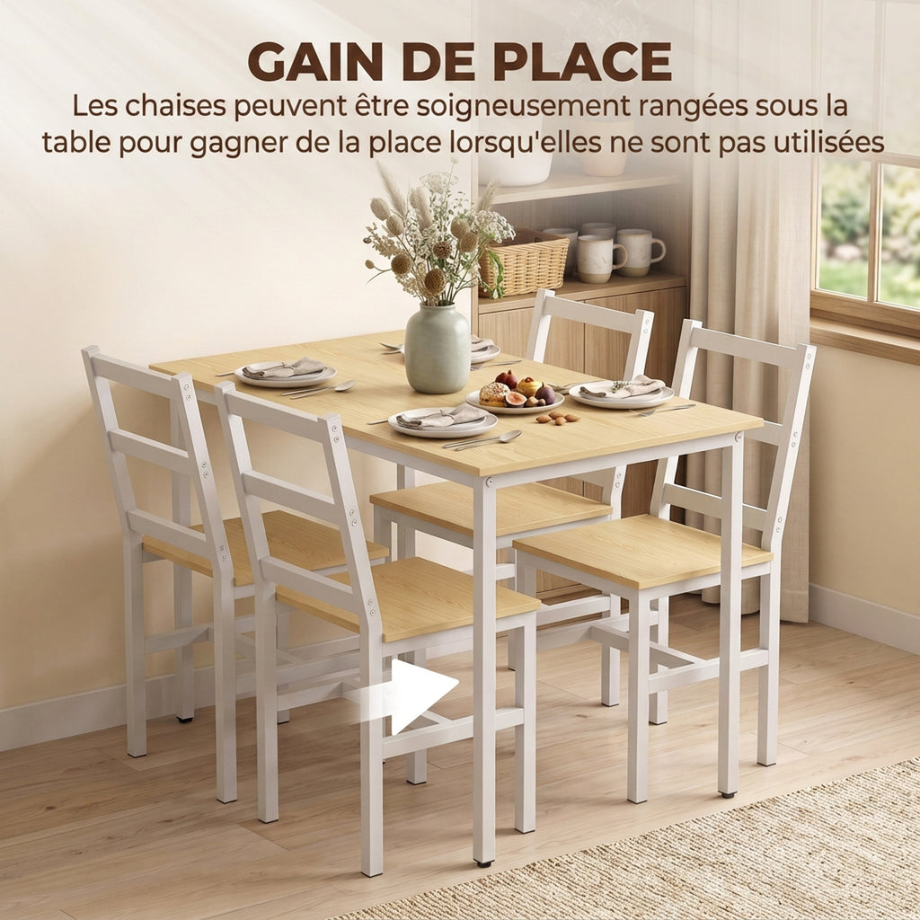 Ensemble Table Salle à Manger avec 4 Chaises, Table Rectangulaire 108 cm, Chaises à Dossier à Lattes, Chêne et Blanc-5