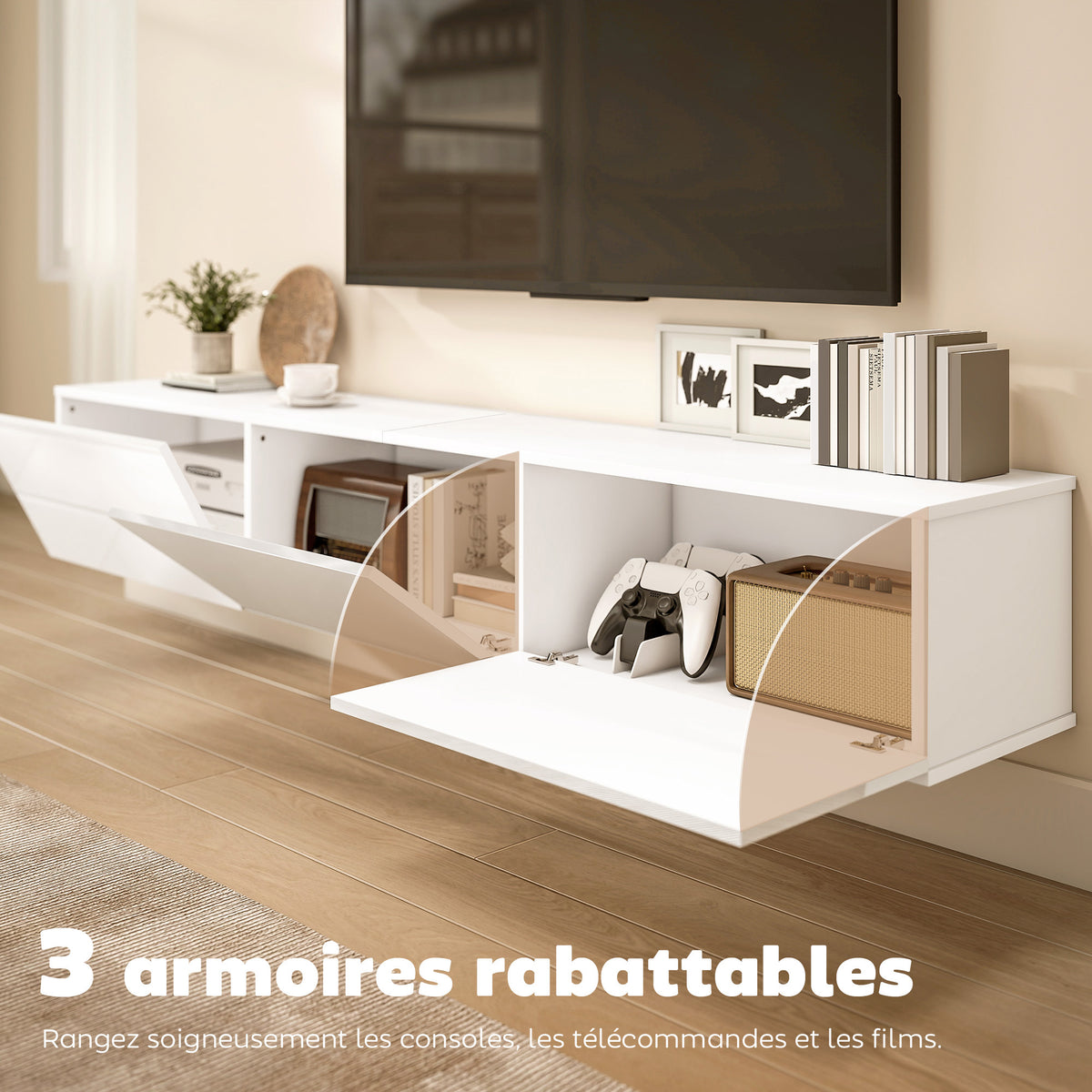 Meuble TV Suspendu 180 cm, Meuble télé pour téléviseur jusqu'à 82 Pouces 3 Portes Rabattables à Fermeture Douce, Blanc-4