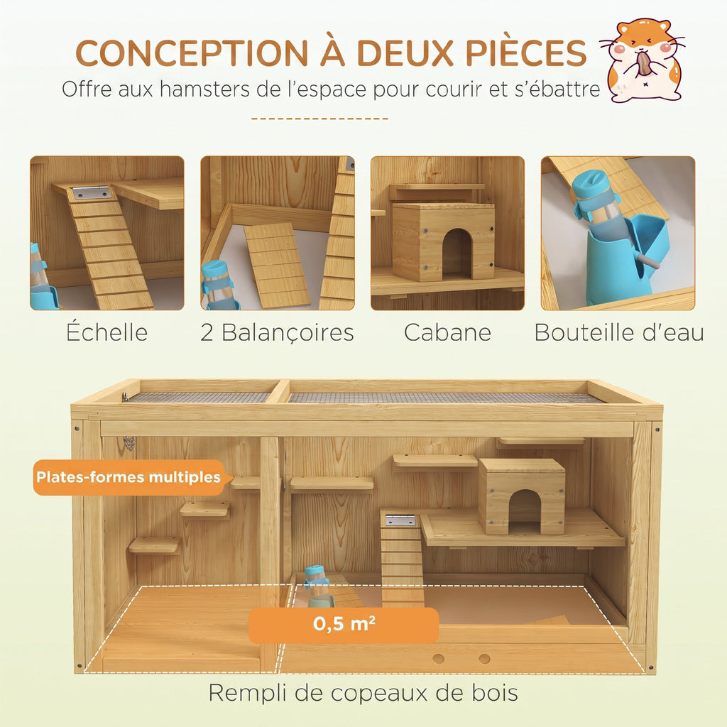 Cage Hamster Habitat pour Rongeurs Souris Plusieurs Niveaux Plateformes Échelle Balançoires 100 x 50 x 50 cm Naturel-3