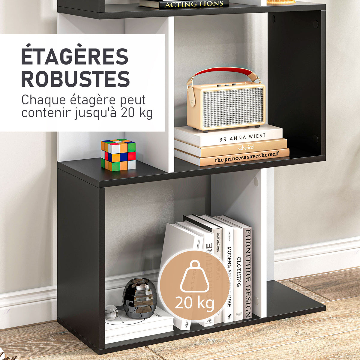 Bibliothèque à 5 niveaux, meuble de rangement en forme de S avec étagères, étagère de rangement pour salon, chambre bureau, 60 x 24 x 184,5 cm, noir, blanc-4