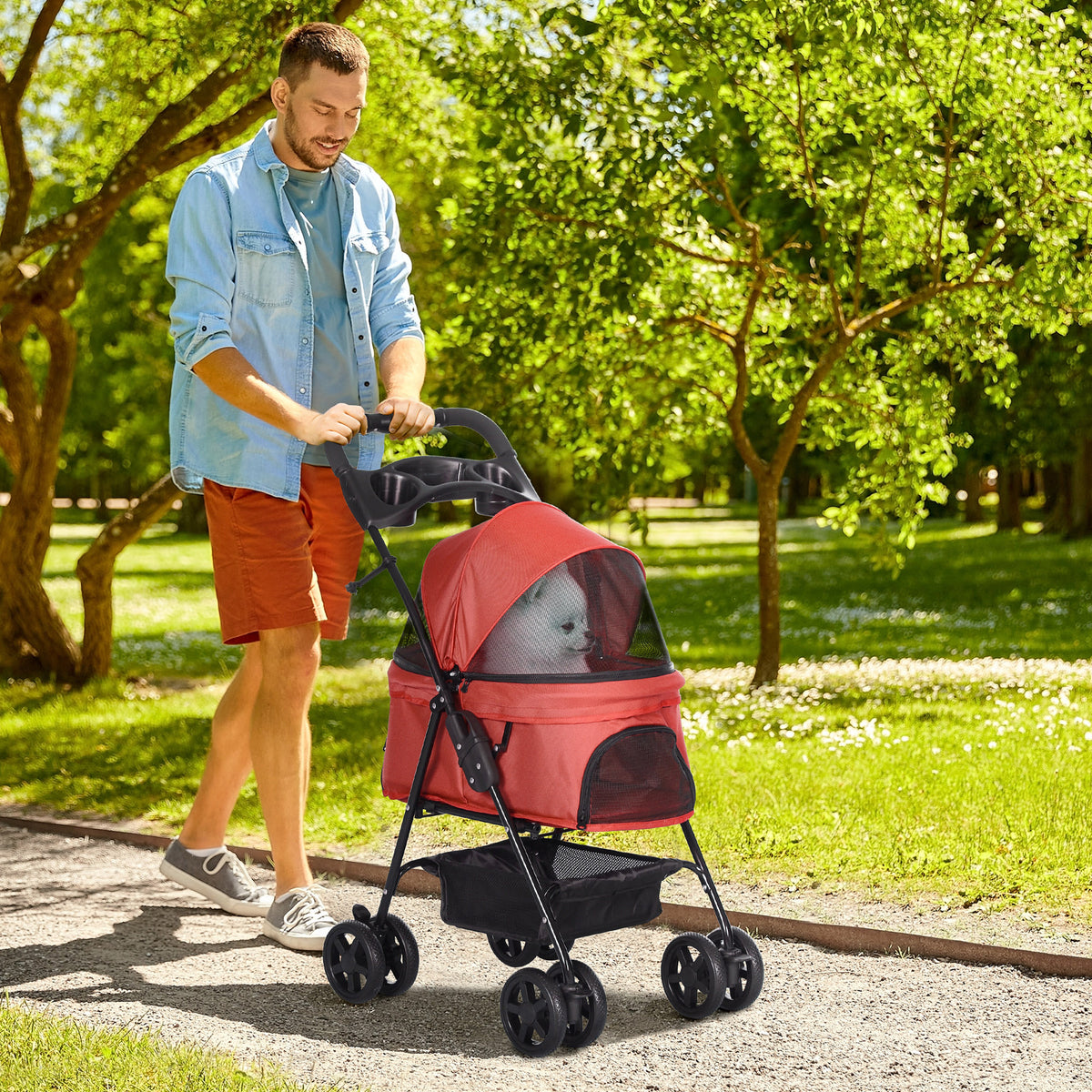 Poussette buggy pliable chien chat panier rangement porte-gobelets tissu 300D Oxford imperméable 4 roues rouge-1