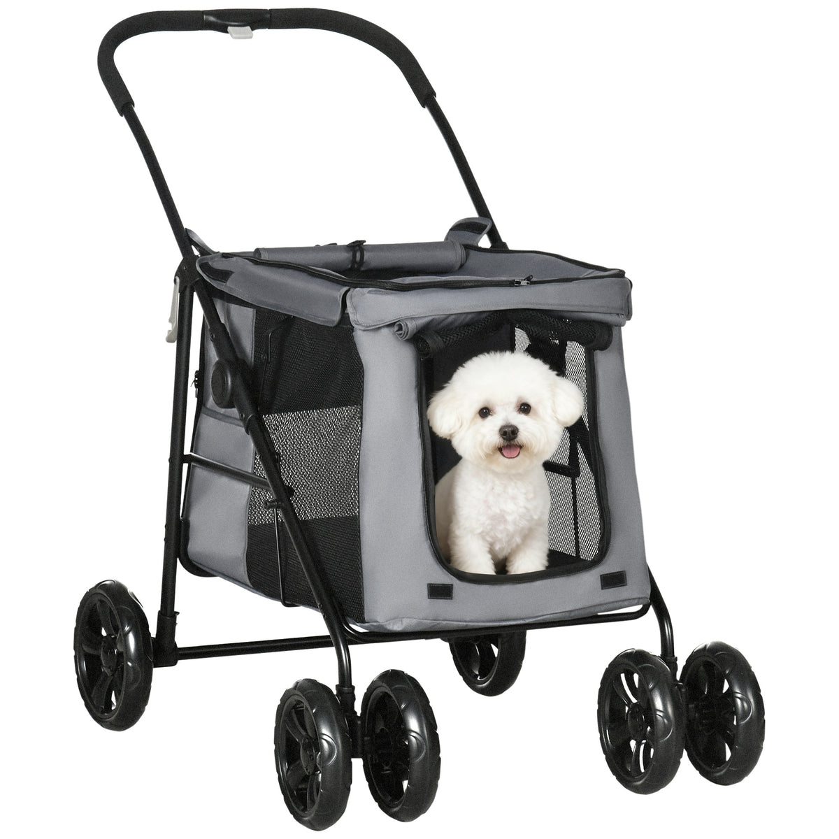 Poussette pliable animaux chien chat coussin inclus roues avec frein tissu 600D Oxford 102 x 62 x 105 cm gris-0