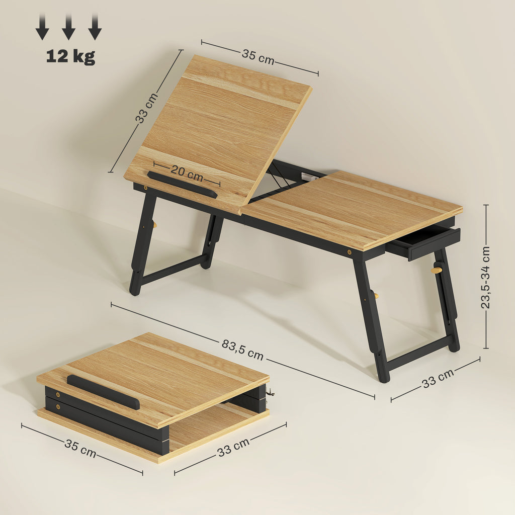Table de lit pliable et réglable, plateau de lit pour ordinateur portable en bambou - plateau inclinable, tiroir, chêne-2