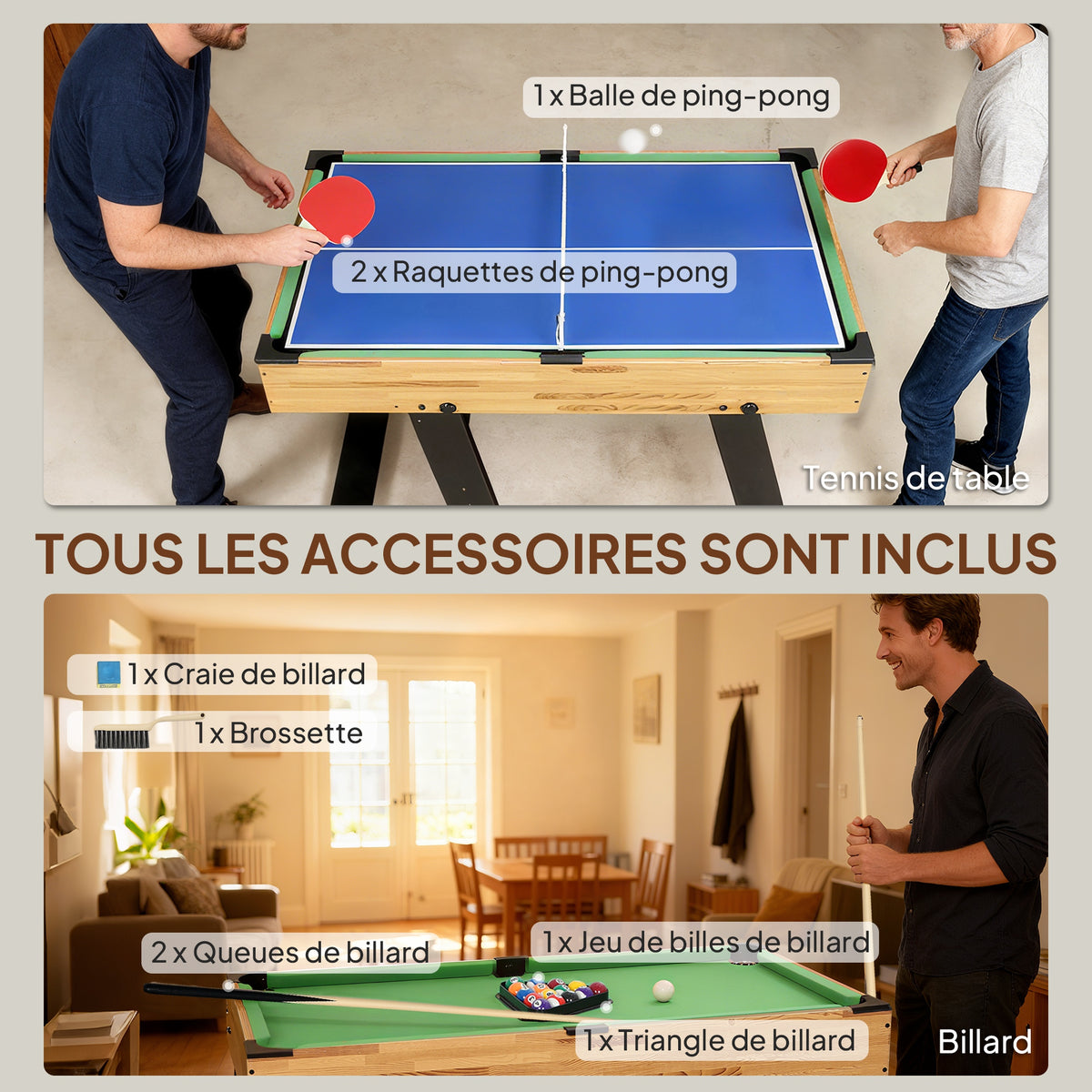 Table multijeux 13 en 1 pliable, table de jeu baby-foot, billard, pour enfants et adultes 120 x 106 x 82 cm noyer clair-6