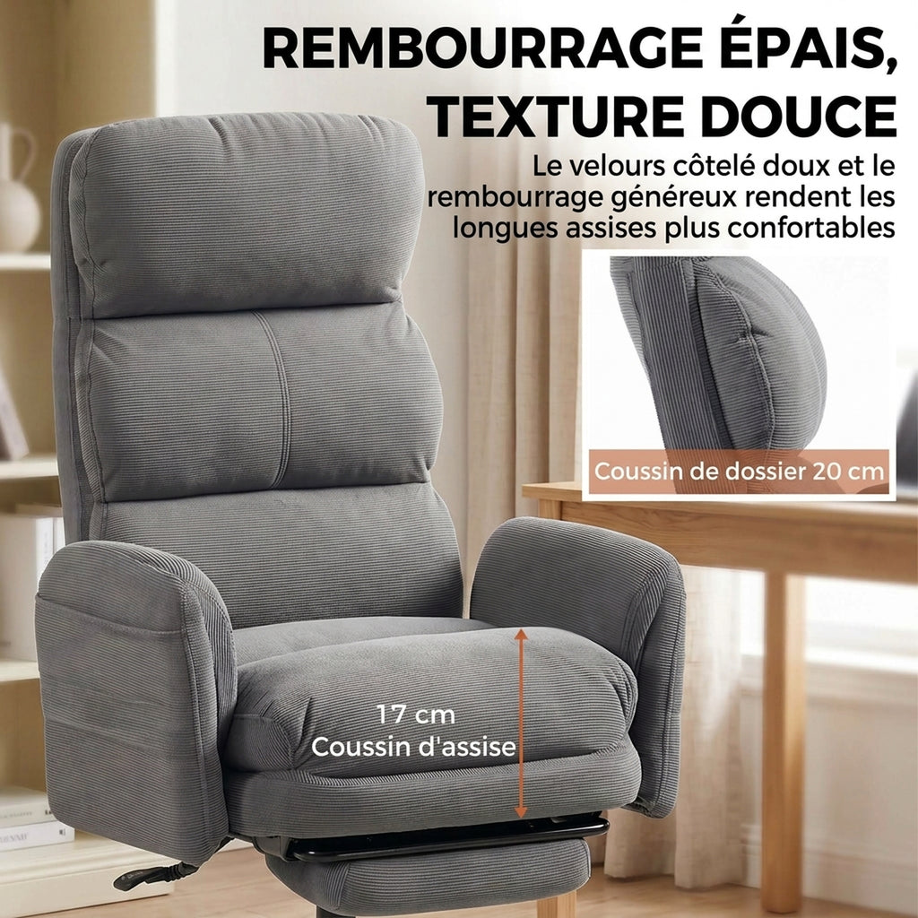 Chaise Bureau Ergonomique, Accoudoirs Rabattables, Appui-tête Réglable, Fauteuil Bureau Inclinable Velours Côtelé, Gris-5