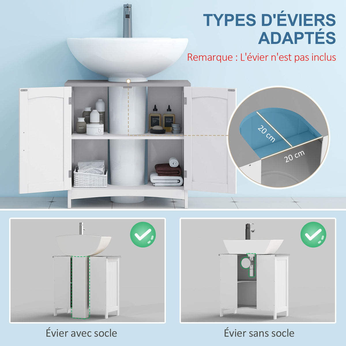 Meuble salle de bain sous lavabo à double portes avec étagères réglables, blanc-3