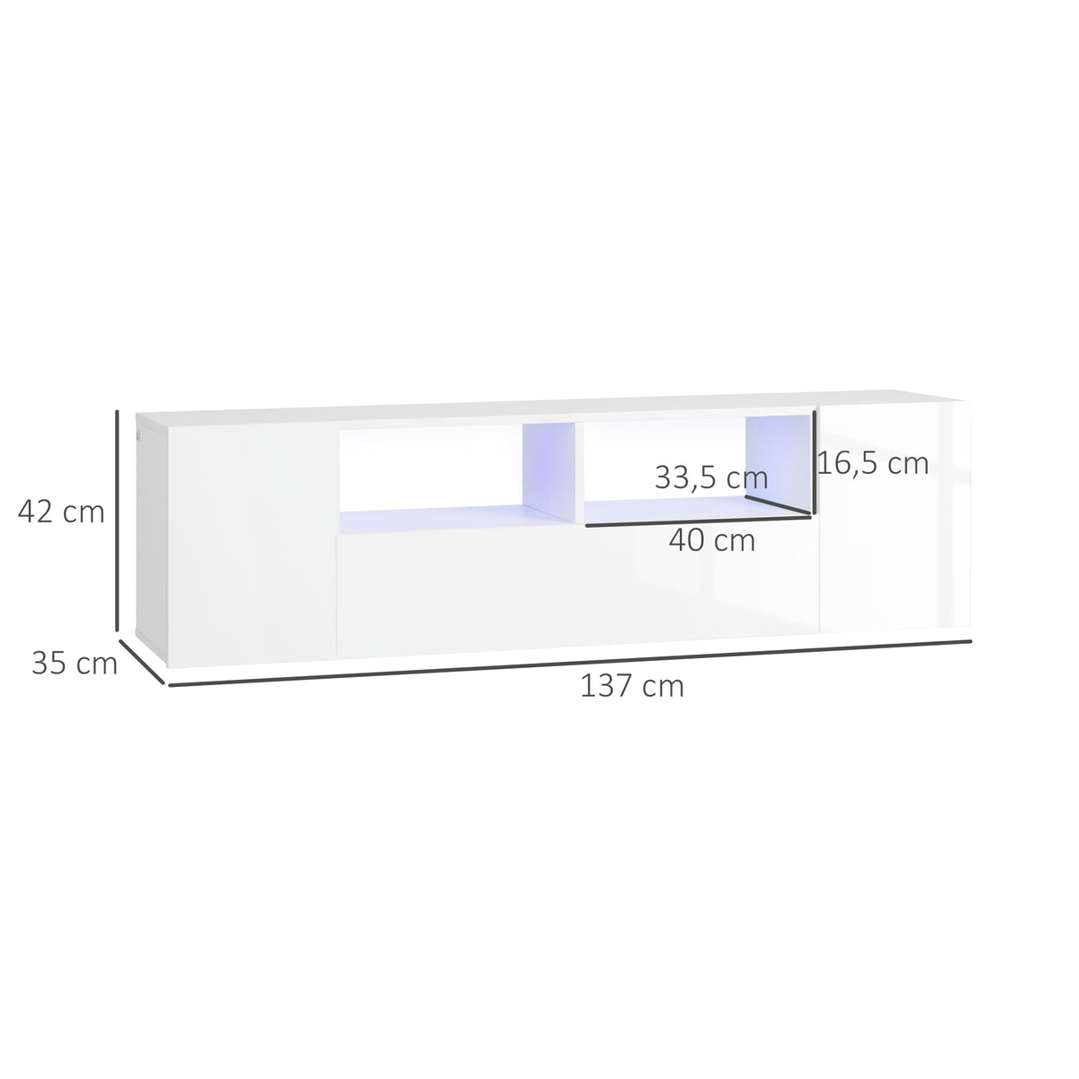 Meuble TV, banc TV, meuble de télévision, jusqu'à 60 pouces, avec lumières LED, 2 étagères et placards, panneau de porte brillant, 137 x 35 x 42 cm, blanc-2