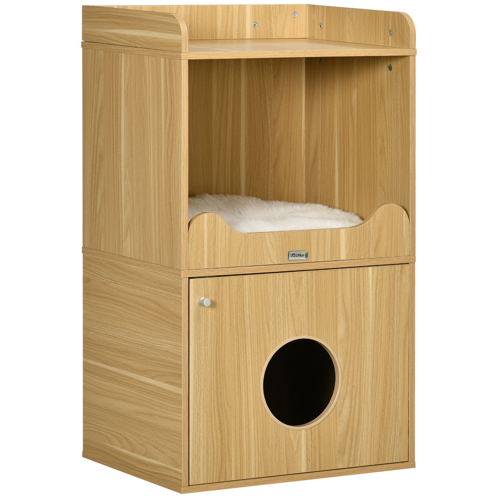 Maison de toilette pour chat meuble litière chat 3 niveaux compartiment fermé par une porte 1 coussin 60 x 45 x 103 cm-0