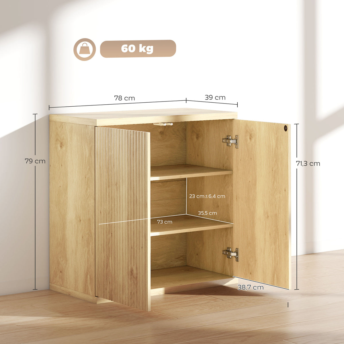 Buffet Salon, Meuble de Rangement Moderne avec Portes à Fermeture Douce et Étagères Ajustables, 78 x 39 x 79 cm, Chêne-2