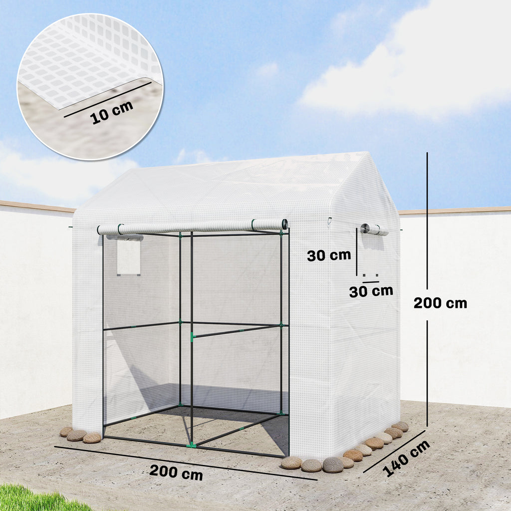 Serre de jardin PE, serre de balcon, bâche renforcée 135 g/m², châssis en acier, porte zippée, 200 x 140 x 200 cm, blanc-2