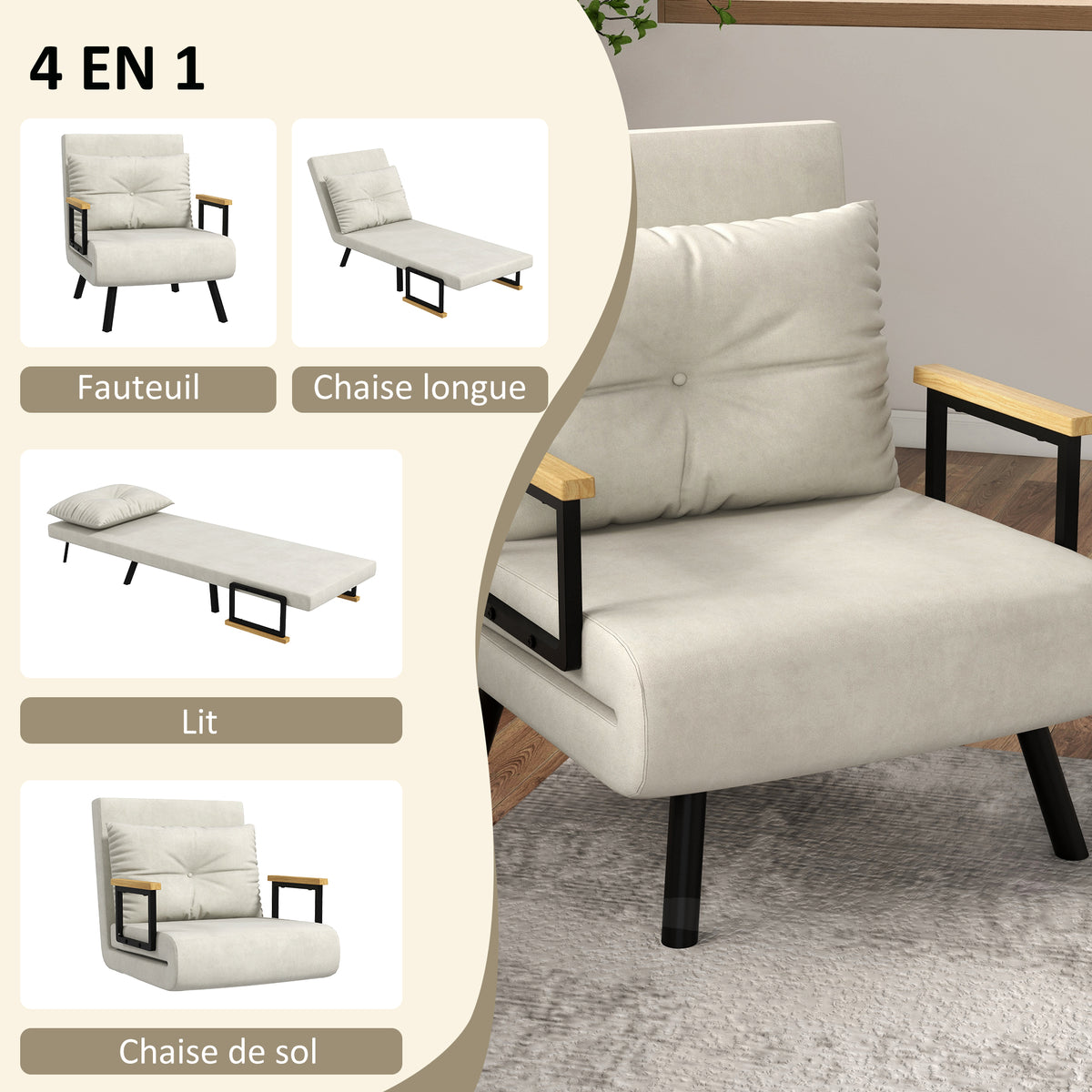 Fauteuil convertible 4 en 1 lit 1 place dossier 5 positions, accoudoirs en bois et coussin, tissu effet velours, crème-3