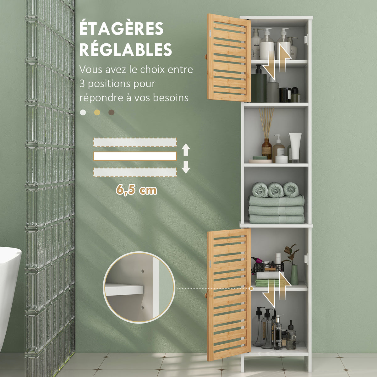 Meuble Colonne Rangement Salle de Bain bicolore dim. 35L x 30l x 170H cm 2 placards avec étagère réglable + 2 niches-4