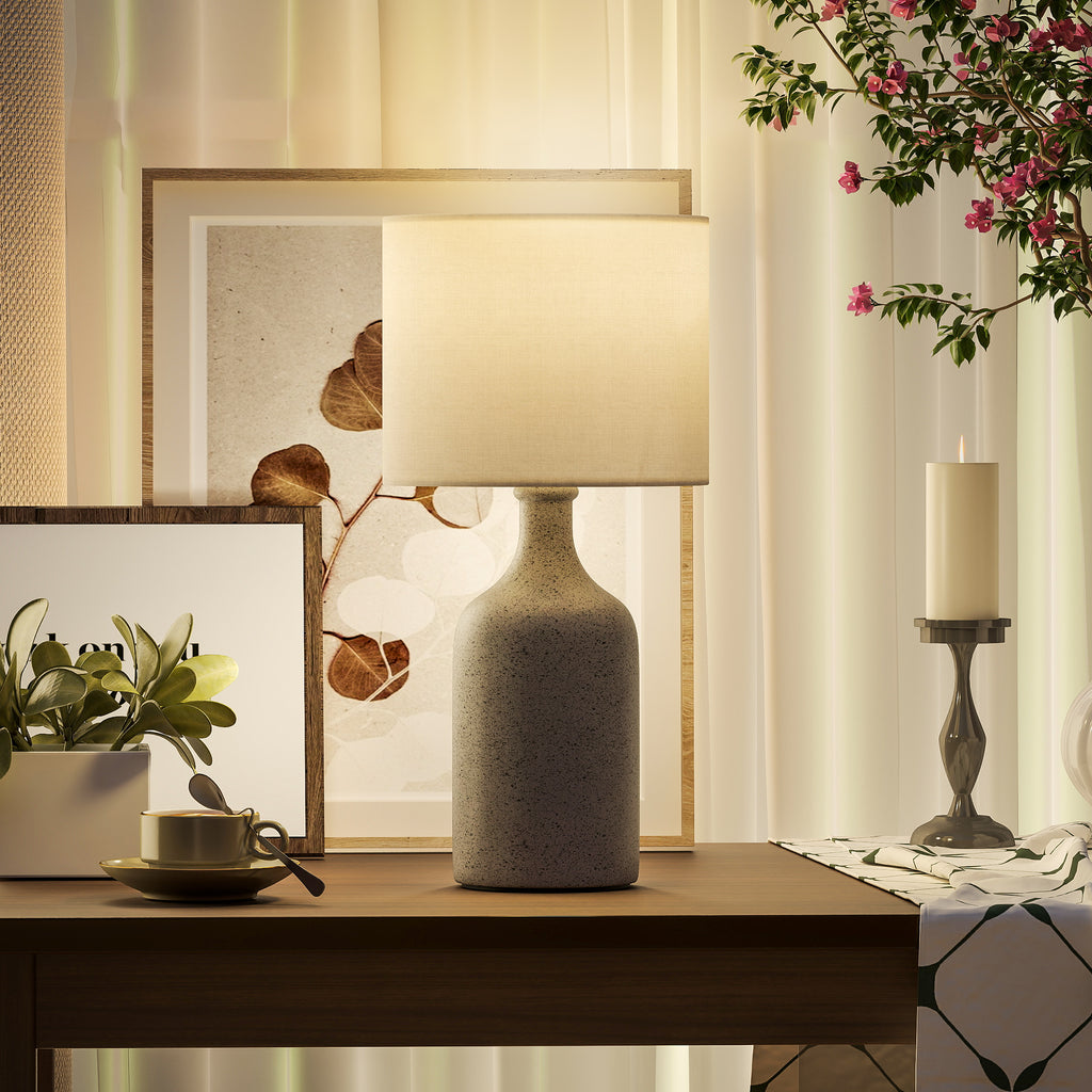Lampe de Table avec Base en Céramique et Abat-Jour en Lin, Lampe de Chevet Rétro avec Culot E27, Blanc et Sable-6
