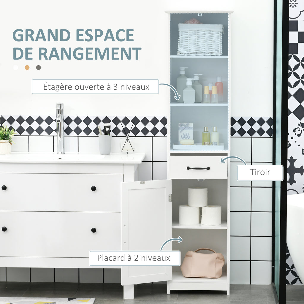 Meuble salle de bain colonne avec 3 compartiments ouverts, tiroir et étagère réglable, 40 x 30 x 164 cm, blanc-3