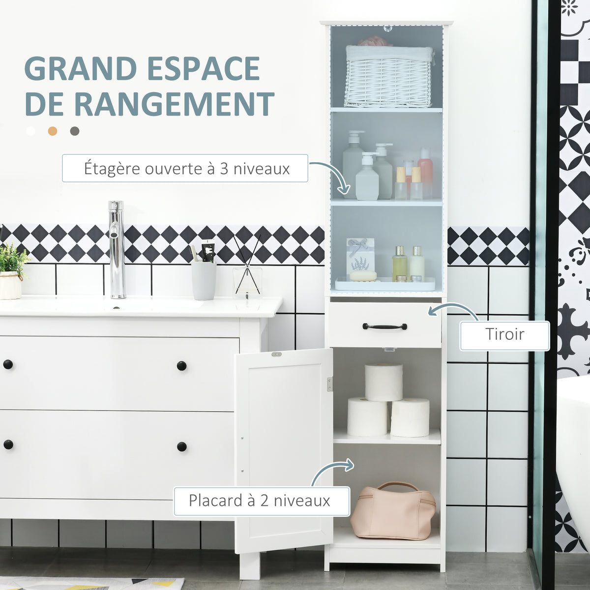 Meuble salle de bain colonne avec 3 compartiments ouverts, tiroir et étagère réglable, 40 x 30 x 164 cm, blanc-3