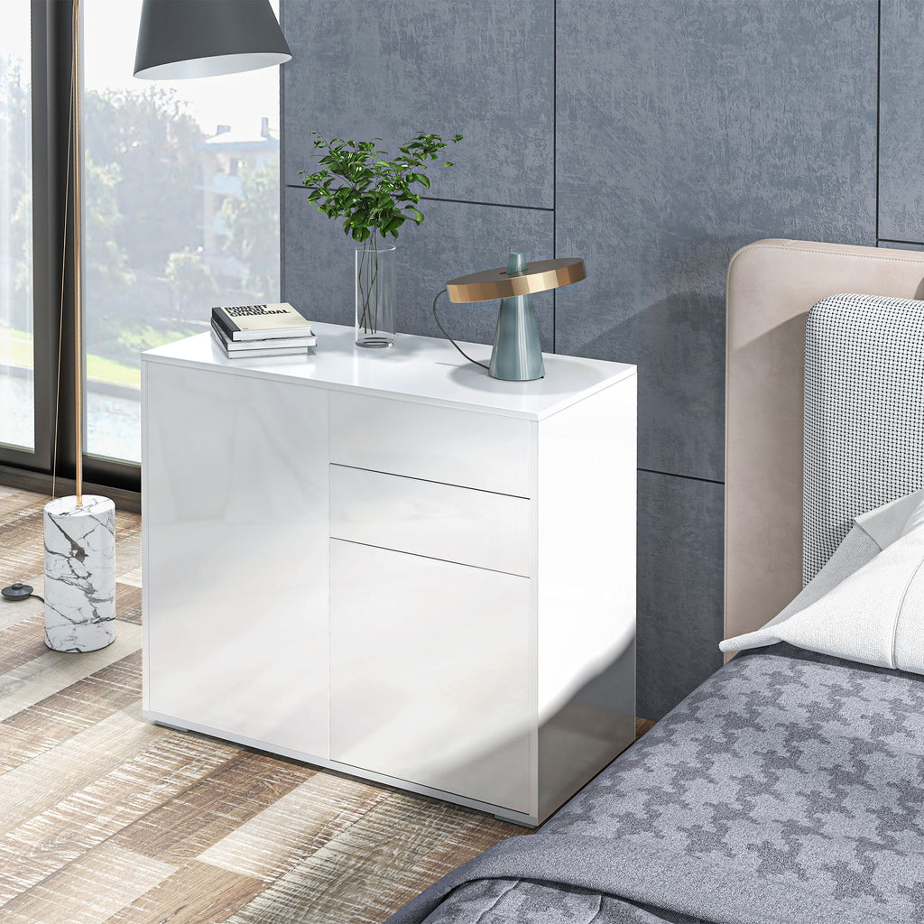 Commode Buffet Meuble de Rangement 2 tiroirs 2 Portes avec étagère 79 x 36 x 74 cm Blanc brillant-9