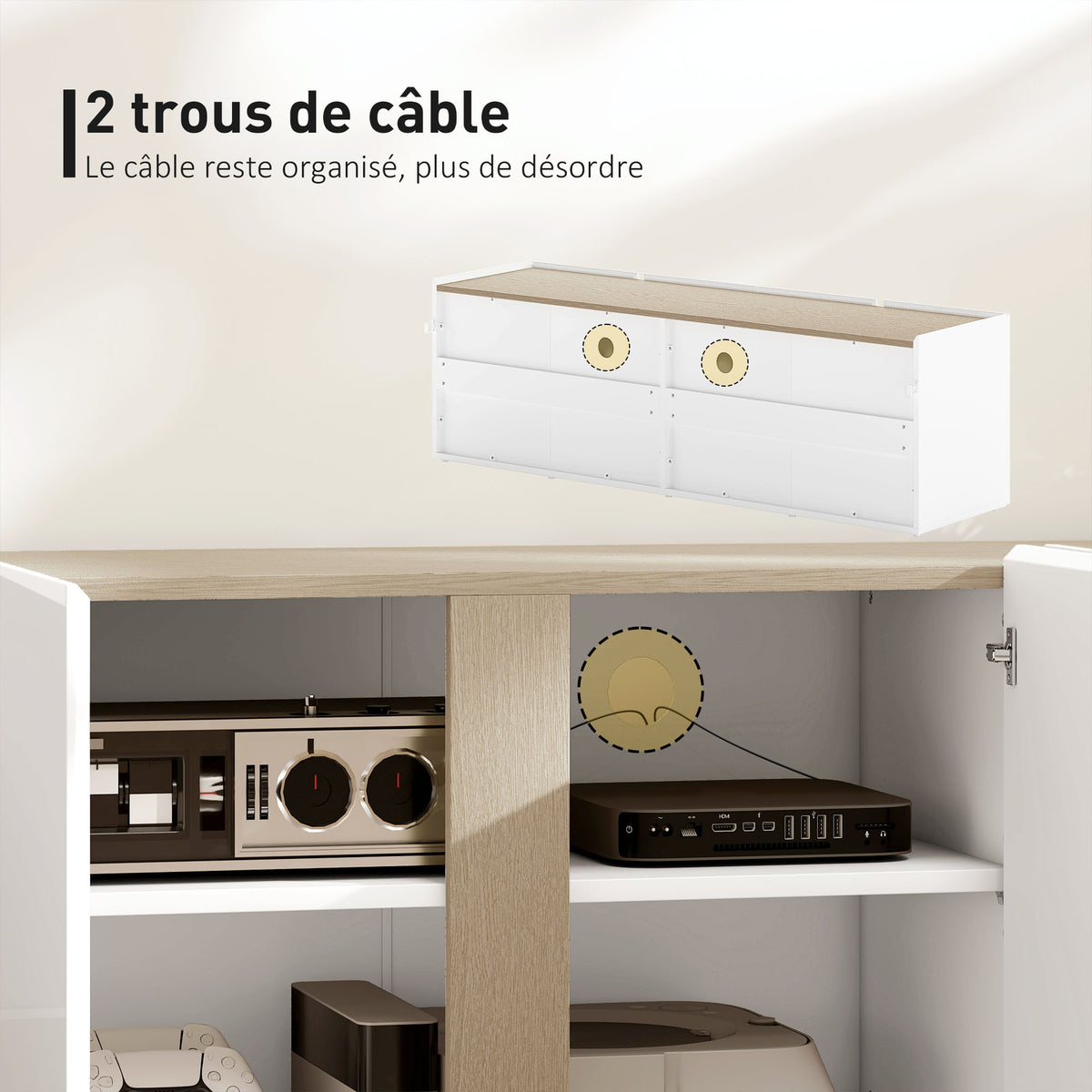 Meuble TV, banc TV avec 4 portes à fermeture amortie, étagère réglable et passe-câbles, 135 x 38 x 45 cm, blanc-3