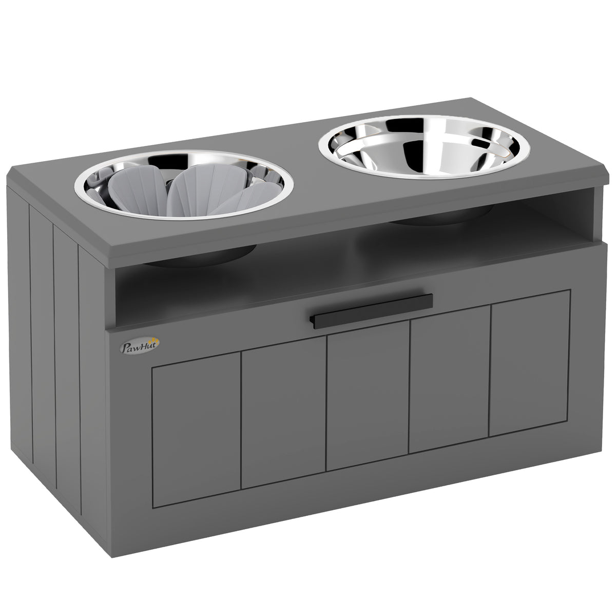 Gamelle Chien Surélevée avec Bols Anti-Glouton & Eau en Acier Inoxydable, Tiroir de Rangement, 60x30x35cm, Gris-0