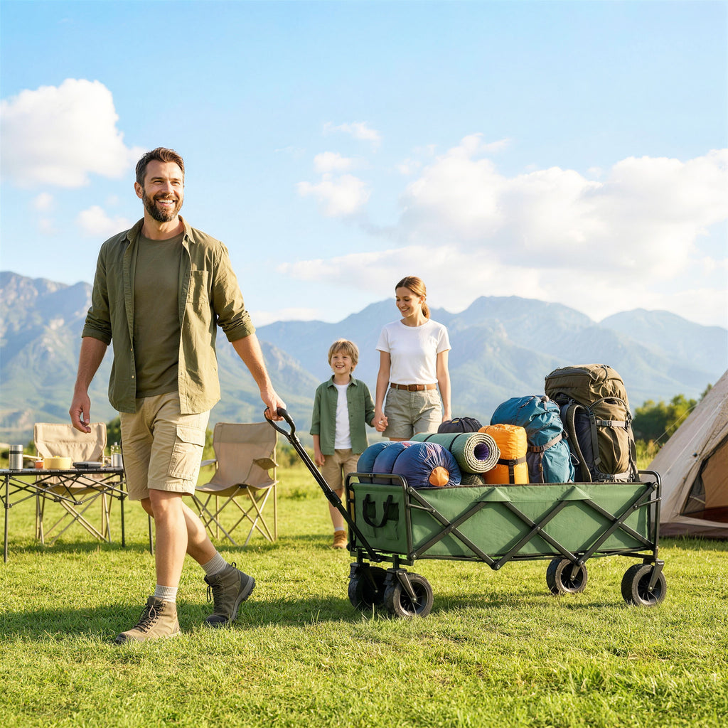 Chariot de Jardin Pliable 130L avec Roues, Remorque Robuste avec Freins, Poignée Réglable, vert-9