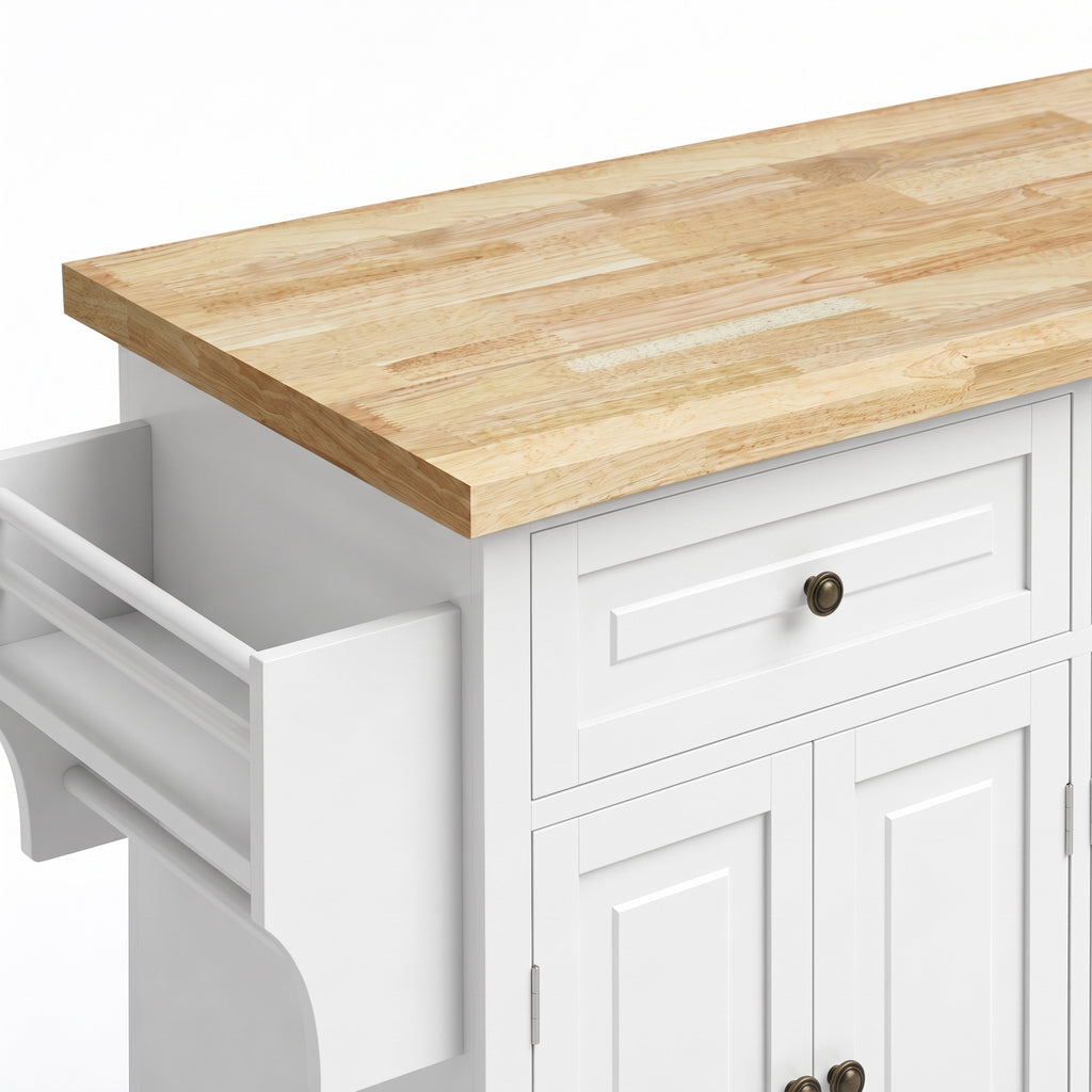Îlot Central Cuisine avec Plateau en Hévéa, Desserte de Cuisine sur Roulettes avec 2 Tiroirs, 111 x 44,5 x 82,5cm, blanc-9