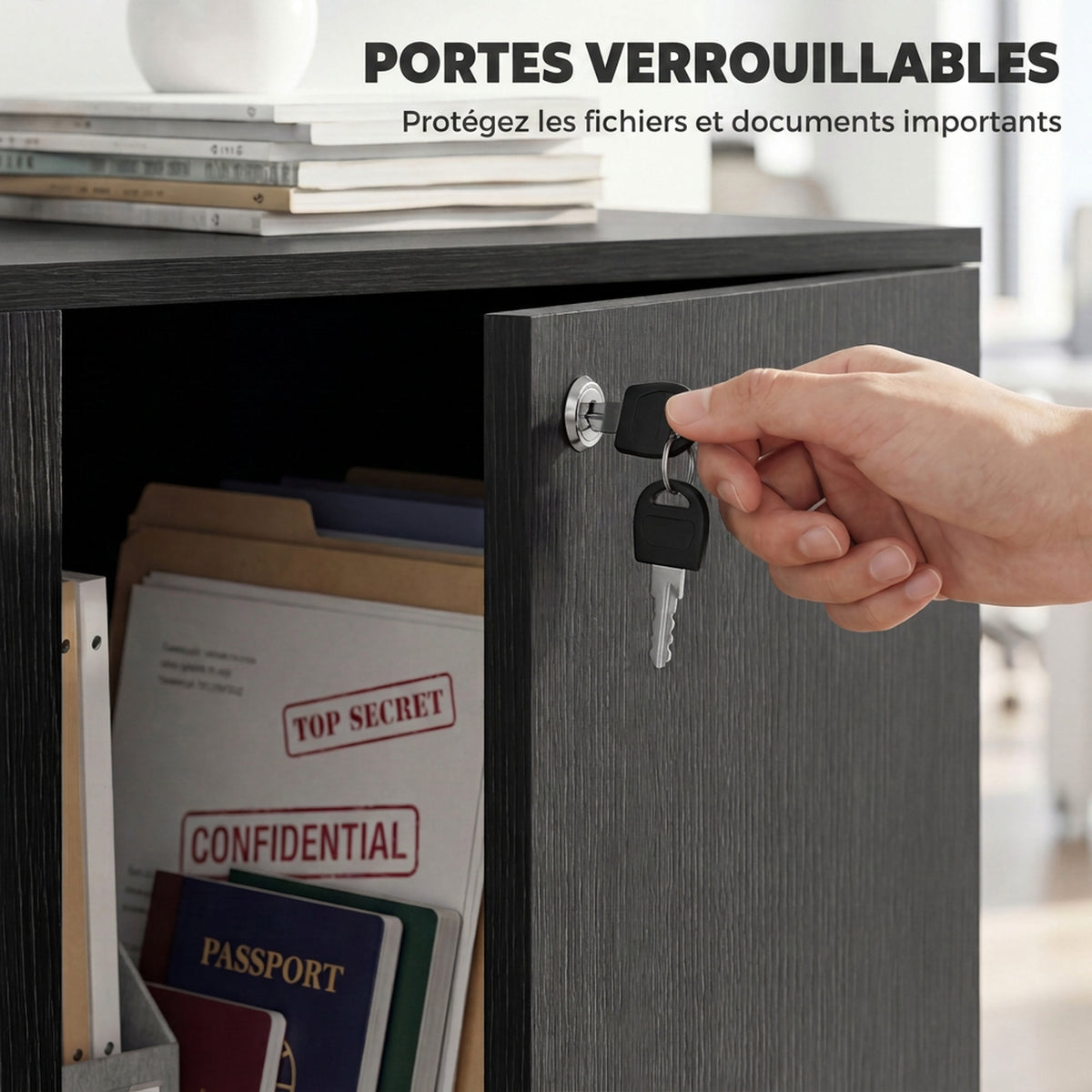 Armoire de Bureau à 2 Niveaux, Meuble de Rangement Bureau avec 2 Portes, Serrures et Clés, 80x40x80cm, Noir-4