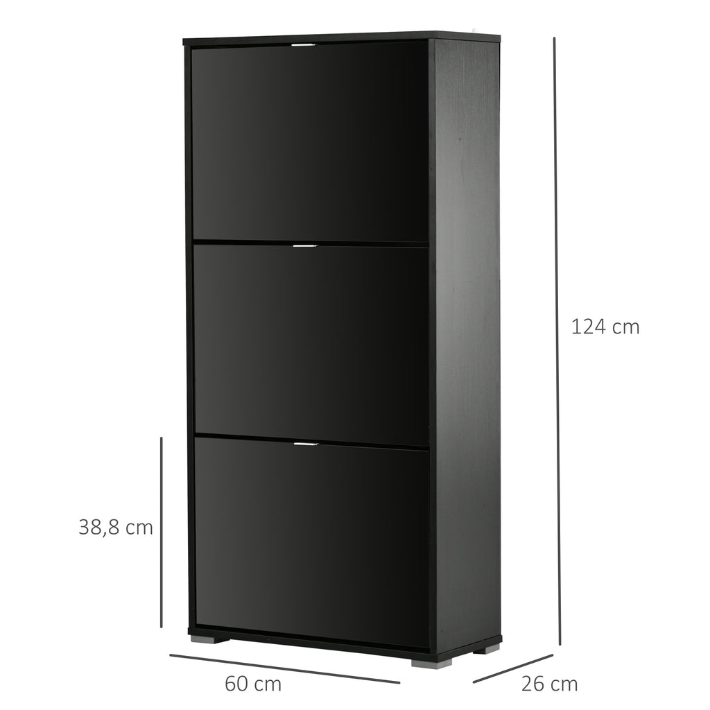 Meuble à Chaussures Armoire à chaussures 3 Portes abattantes 3 Compartiments en bois 60L x 26I x 124H cm Noir-2