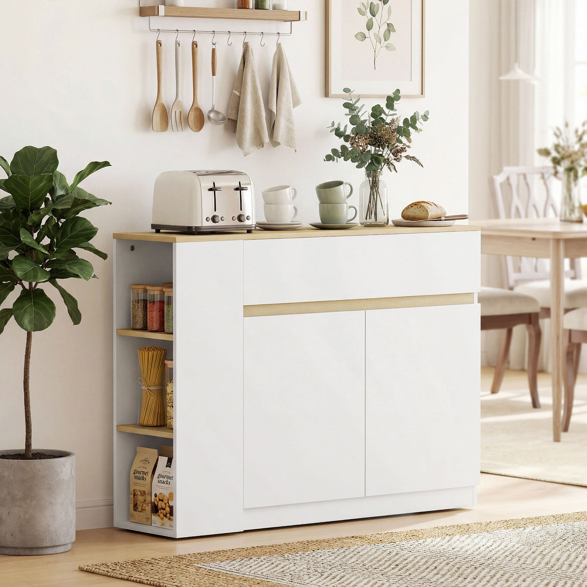 Buffet meuble de rangement avec 2 tiroirs 3 étagères ouvertes et placard 2 portes 110 x 29,5 x 82 cm blanc-1