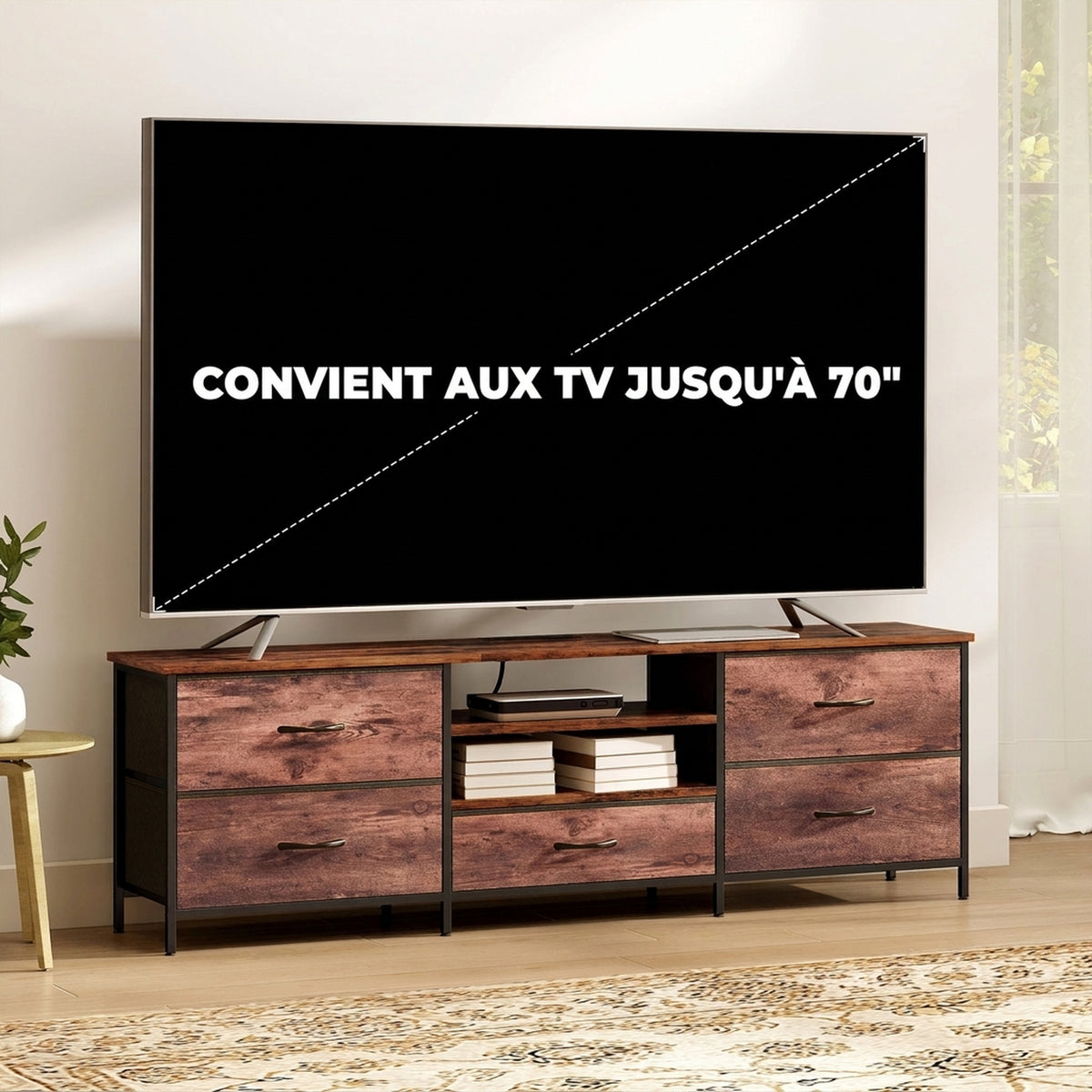 Meuble TV 160 cm, Meuble Télé 70 Pouces, Station de Charge, 5 Tiroirs en Tissu, Étagères Ouvertes, Brun Rustique-6