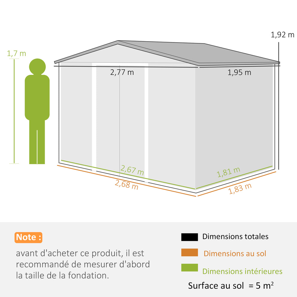 Abri de jardin 5,4 m² 2,77 x 1,95 x 1,92 m kit de fondation porte coulissante ventilations acier galvanisé, marron-2
