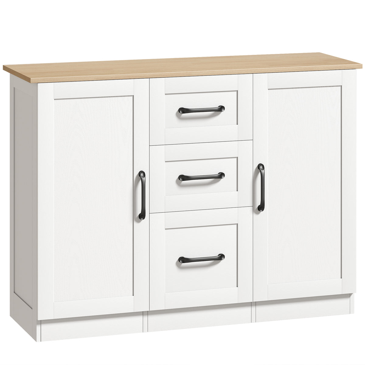 Buffet salon, meuble de rangement avec 2 portes à fermeture douce et 3 tiroirs, 110x35x80,4cm, blanc et bois naturel-0