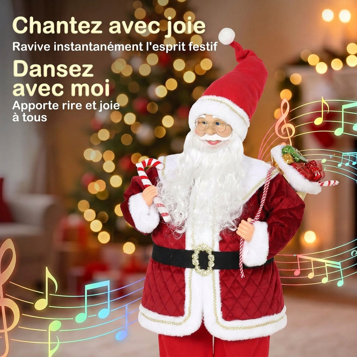 Père Noël Animé 120 cm avec Musique, Décoration de Noël Chantante à Tête Mobile, Activation Sonore et Tactile, Rouge-3