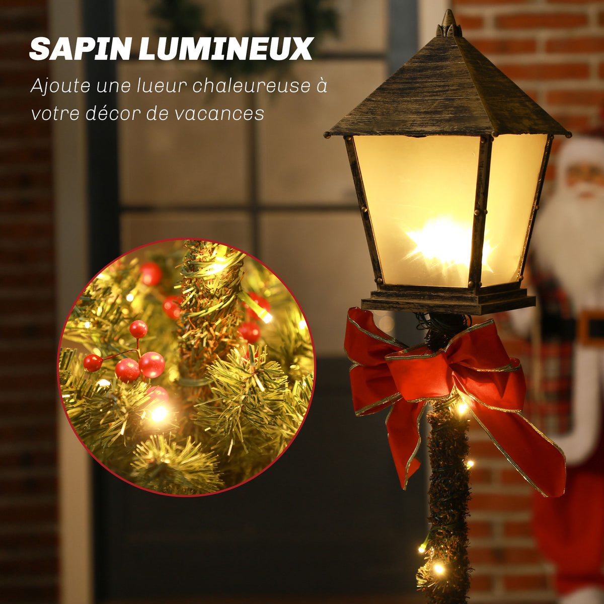 Lampadaire de Noël lumineux LED de 1,25 m ornement décoration de Noël avec grappes de baies et nœud papillon-4
