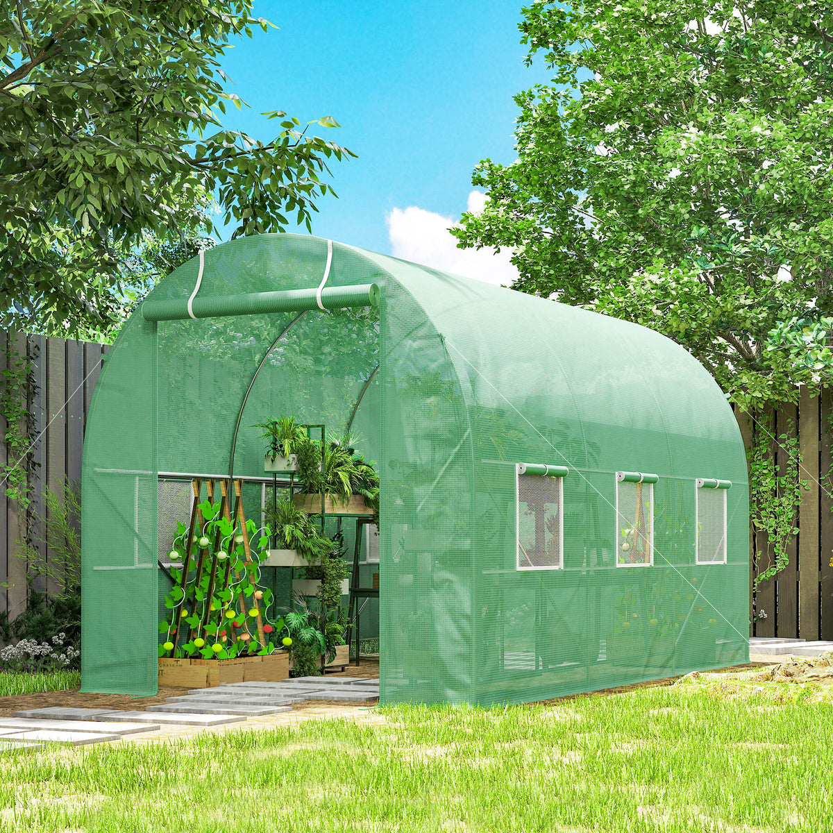 Serre de Jardin Tunnel Surface Sol 7m² 3,5L x 2l x 2H m châssis Tubulaire renforcé Porte zippée 6 fenêtres enroulables Vert-1