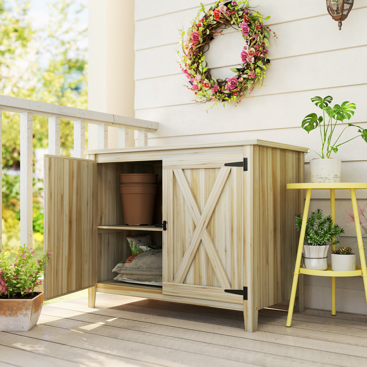 Armoire de jardin en bois, placard de jardin en bois avec étagères et double portes, 110 x 60 x 88,5 cm, bois naturel-1