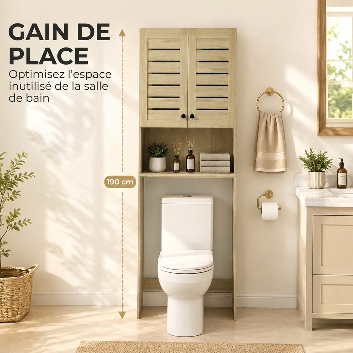 Meuble WC dessus de toilette/machine à laver avec placard à porte double, portes à persiennes, 67x31,5x190cm, chêne-3