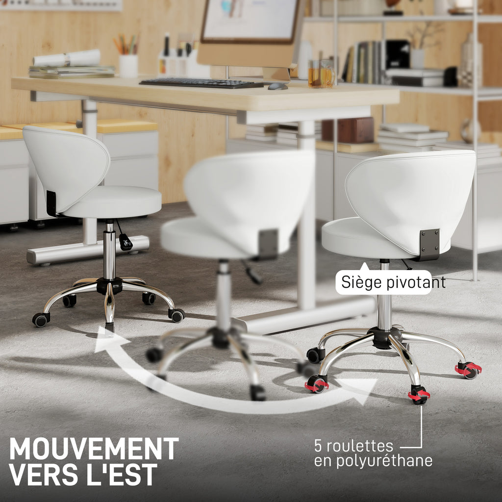 Tabouret à roulettes, tabouret de massage en PU avec hauteur réglable 73-88 cm et dossier, pivotant 360°, blanc-5