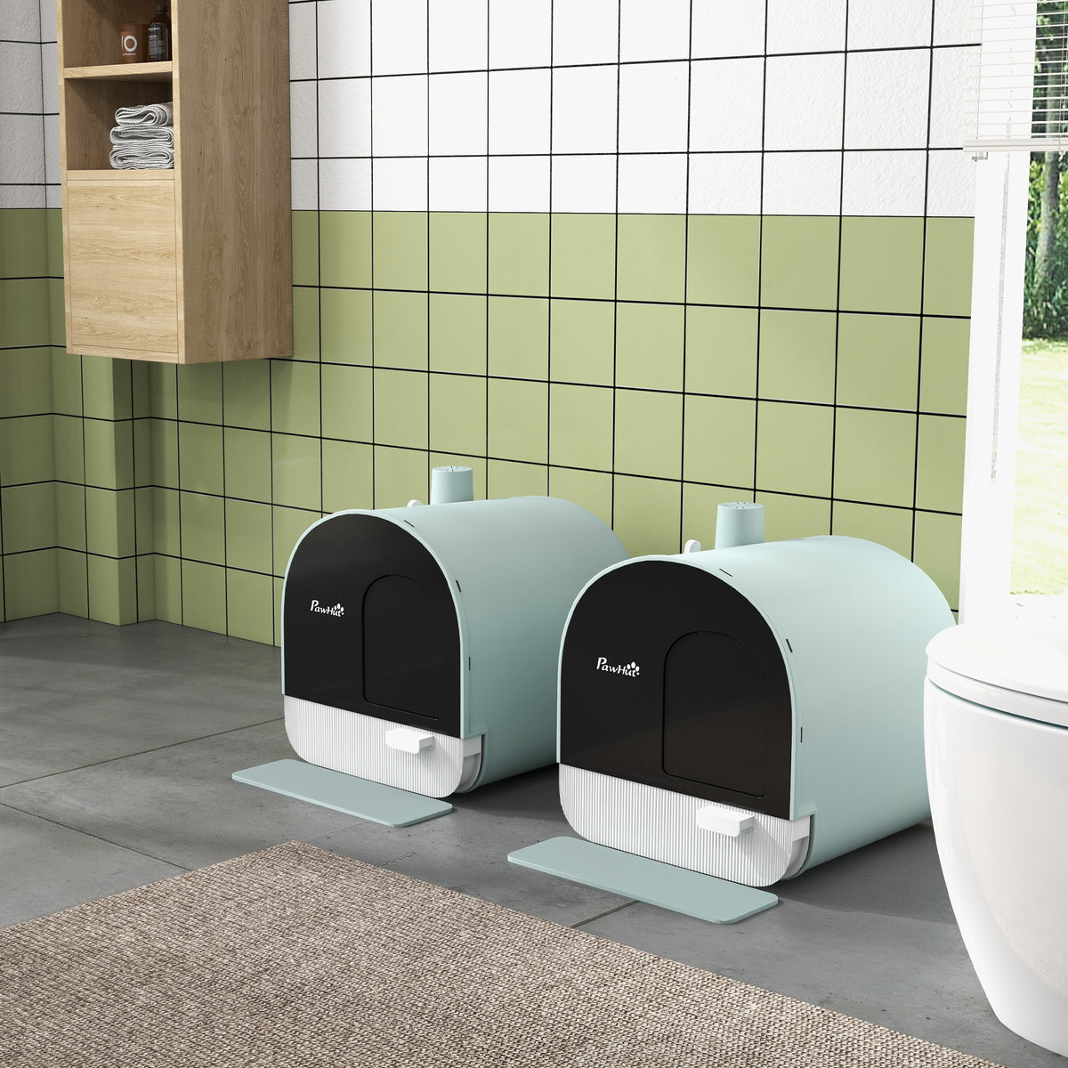 Lot de 2 bacs à litière pour chat avec porte battante, pelle et filtre inclus dim. 43L x 44l x 47H cm-5
