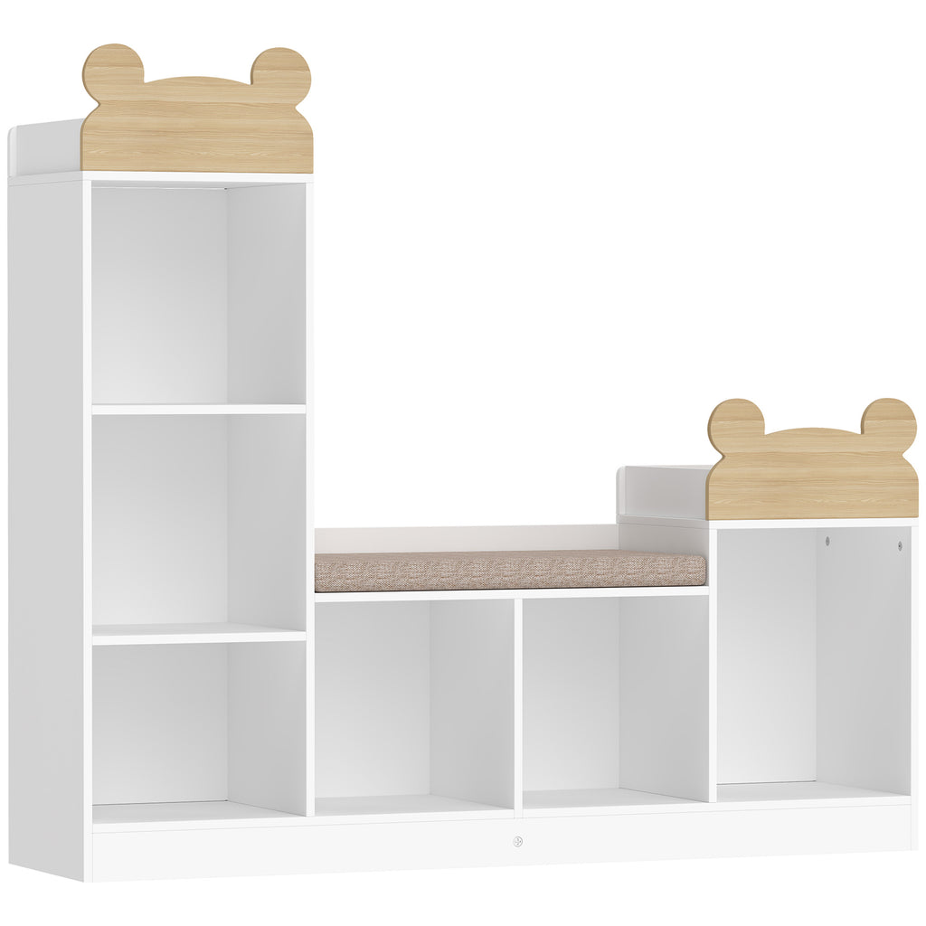 Bibliothèque Enfant, Meuble Rangement Enfant 3 en 1 avec Banc, 6 Compartiments, 2 Étagères, Coussin d'Assise, Blanc-0