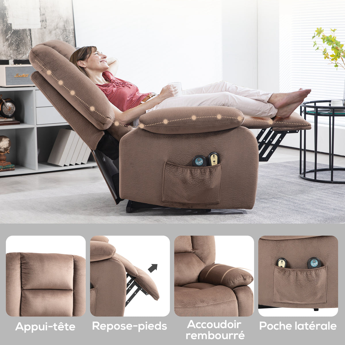 Fauteuil releveur électrique fauteuil relaxant dossier inclinable avec repose-pied télécommandes 90 x 93 x 110 cm marron-8