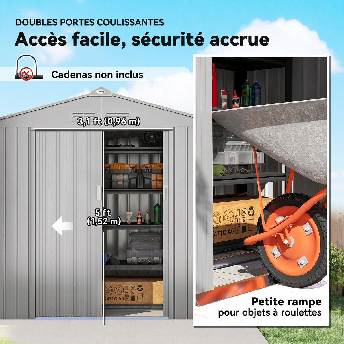 Abri de Jardin 2,42 m² - Remise pour Outils avec Kit de Fondation - Cabanon Porte Verrouillable - Tôle d'Acier Gris-4