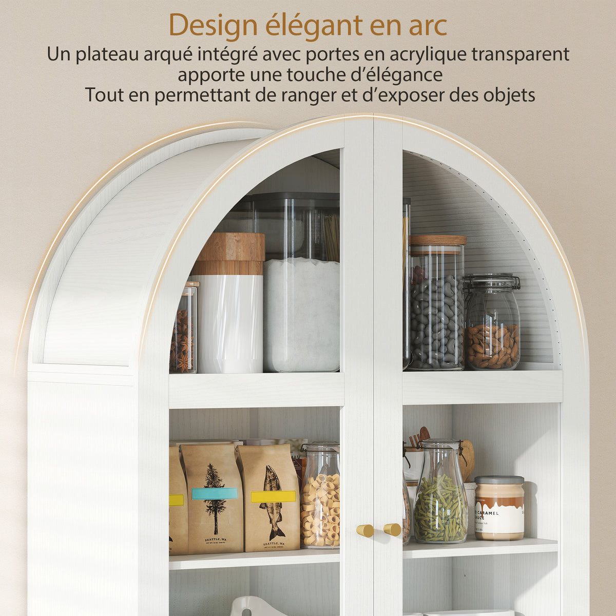 Armoire de cuisine, vaisselier vitrine avec 4 portes dont 2 en acrylique et étagères réglables, 78 x 40 x 180 cm, blanc-3