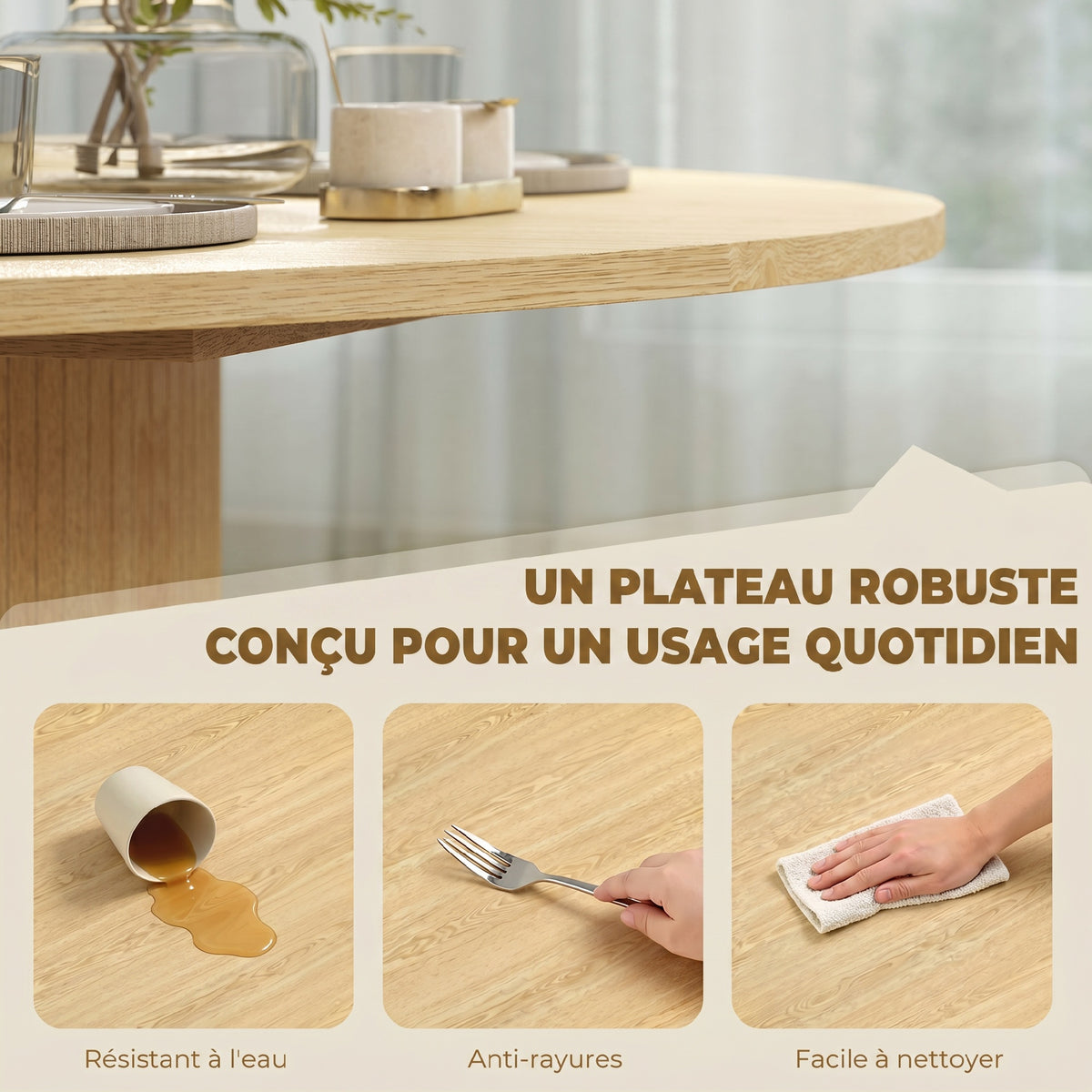 Table à manger ronde pour 4-6 personnes, Ø 120 x 75 cm, table de cuisine avec base cylindrique cannelée, bois naturel-4