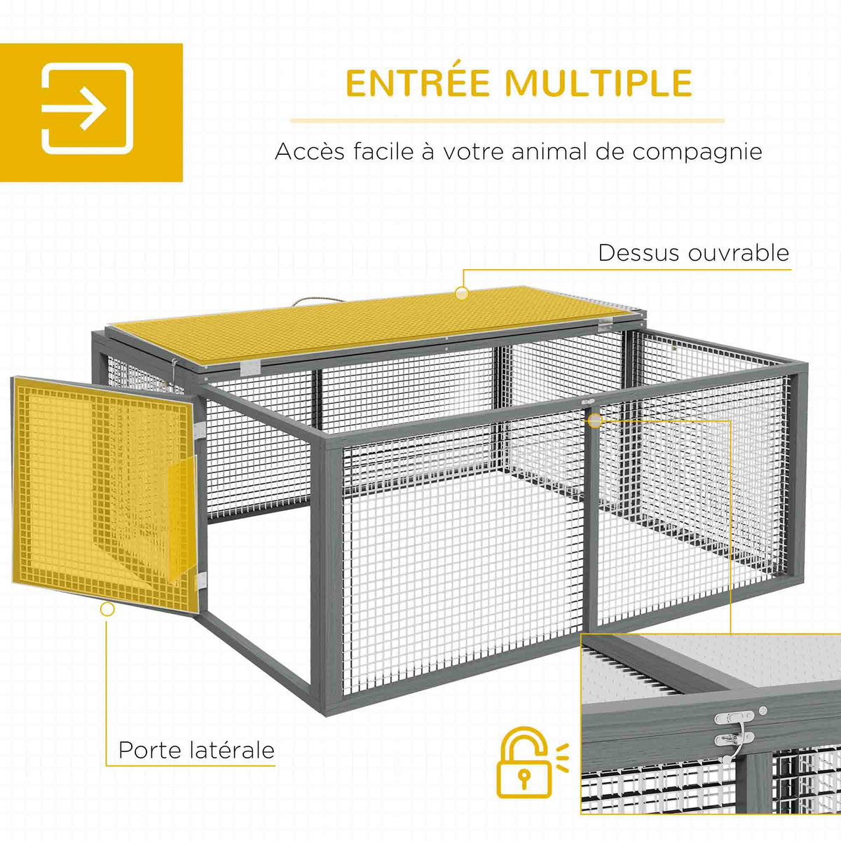 Clapier à lapins cage lapin pliable avec poignée dessus ouvrable pour 2 à 3 lapins cochons d'inde 110 x 105 x 50 cm gris-4
