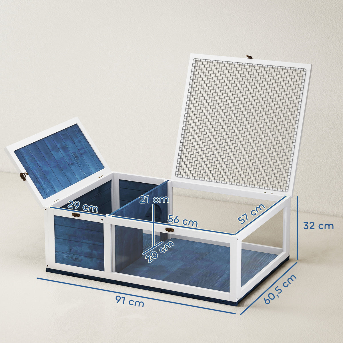 Maison enclos cage habitat pour petit animal tortues avec 2 espaces 91 x 60,5 x 32 cm bois massif bleu-2
