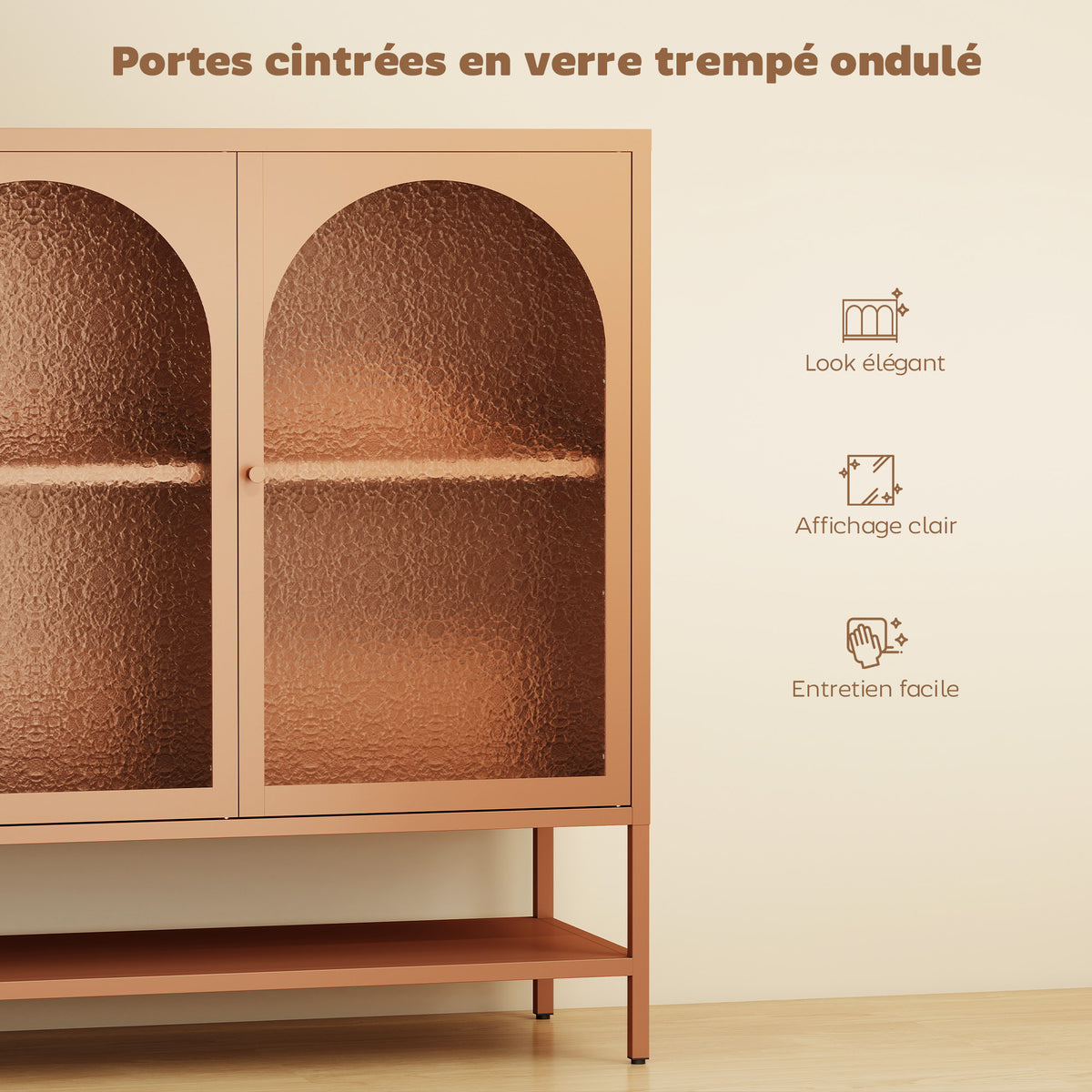 Buffet salon, meuble de rangement avec 3 portes vitrées cintrées et étagère ouverte, 140 x 40 x 105 cm, rouille-3