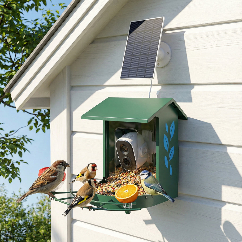 Mangeoire à Oiseaux avec Caméra 2K Solaire 2,5L 142°, Identification IA 16000+, App, IP65, SD 32 Go, 30x34,5x26,3cm Vert-9