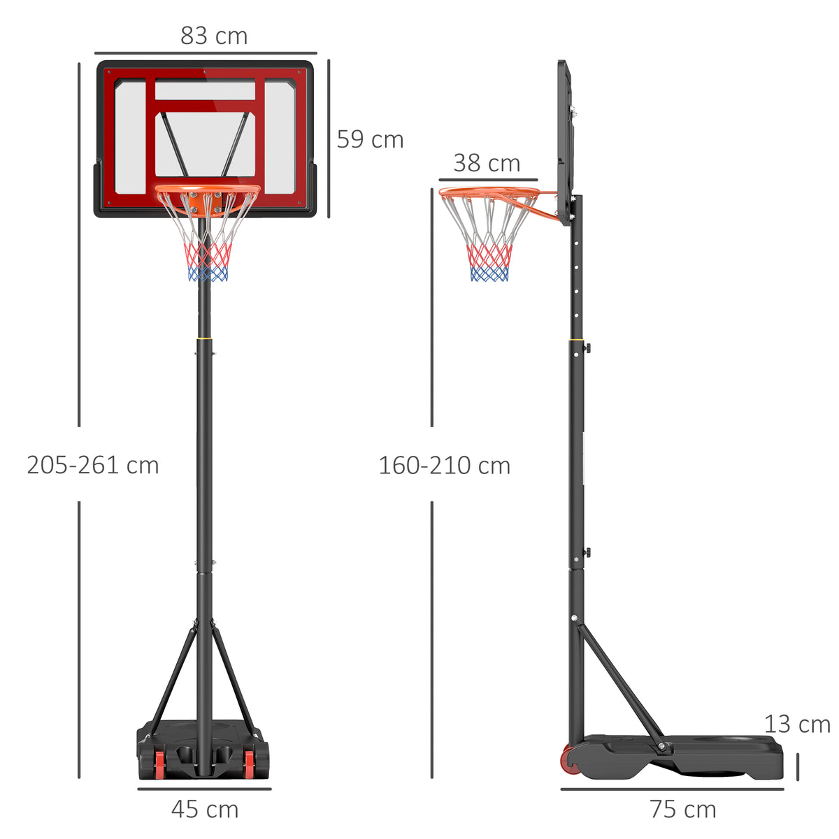 Panier de basket extérieur hauteur réglable 160–210 cm panier de basket sur pied à roulettes base remplissable noir-2